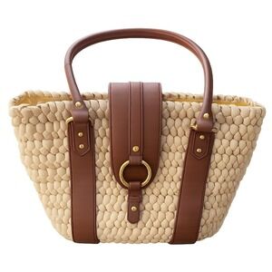 VTG Etienne Aigner 100% Corn Husk Woven Tote Faux Leather Trim Coastal Chic